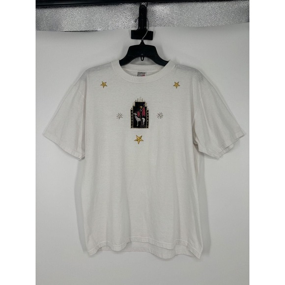 Vintage Dog T Shirt Size‎ Large White Studded Embroidered Sparkle Made In USA - Picture 1 of 4